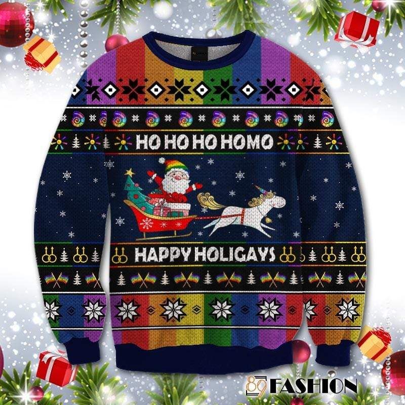 Rainbow Unicorn Hohoho Homo Happy Holigays Ugly Wool Sweater