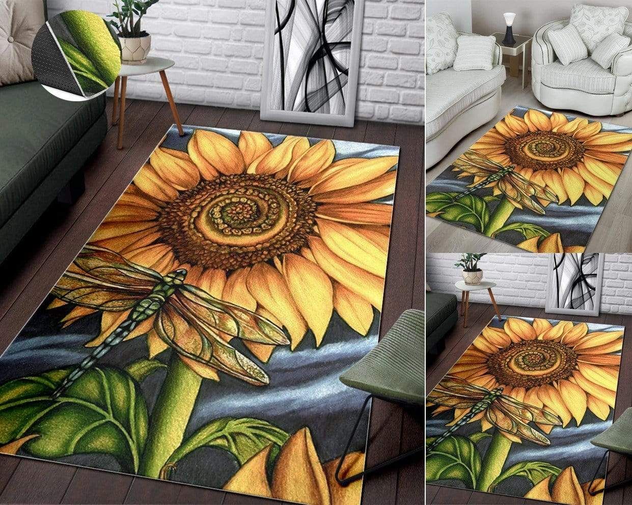 Beautiful Dragonfly In On Sunflower Rectangle Rug