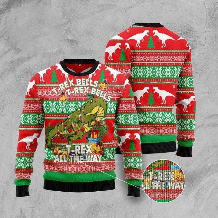 T-Rex Bells Merry Christmas Ugly Wool Sweater
