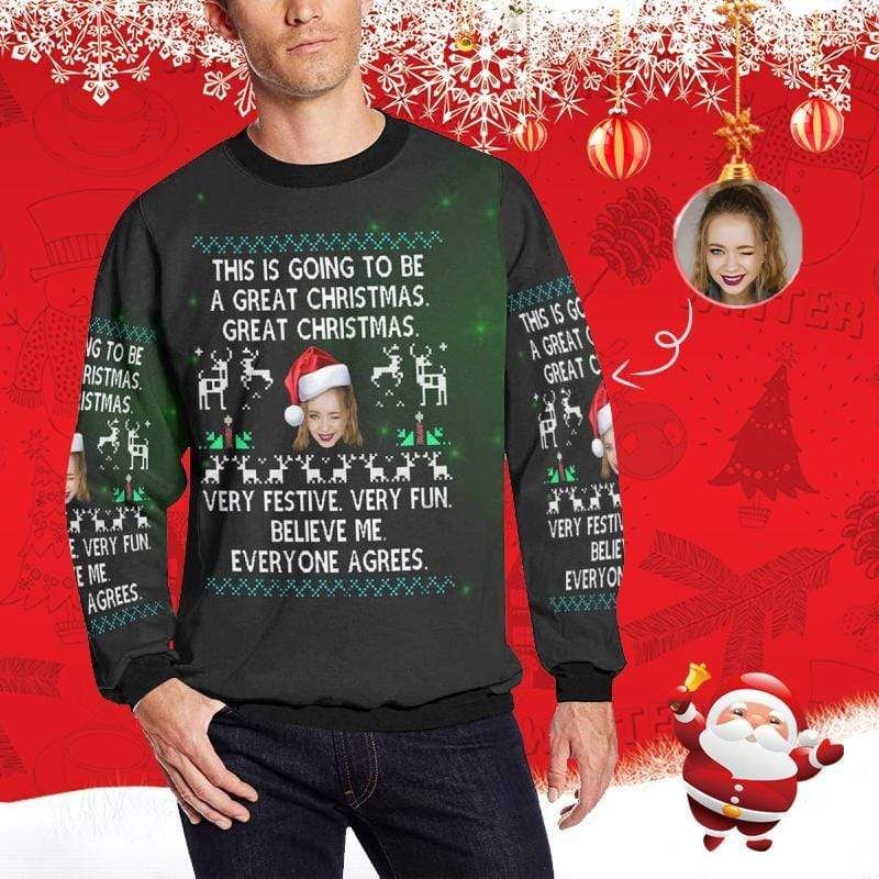 Personalized Great Christmas Santa Hat Wearing Custom Photo Unisex Sweater