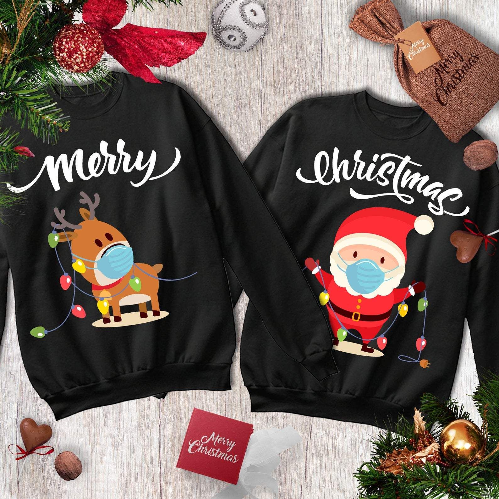 Merry Christmas Santa Claus And Reindeer Couple Sweater