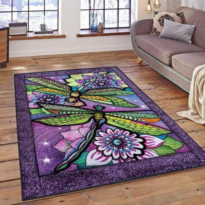 Dragonfly With Flower Purple Rectangle Rug