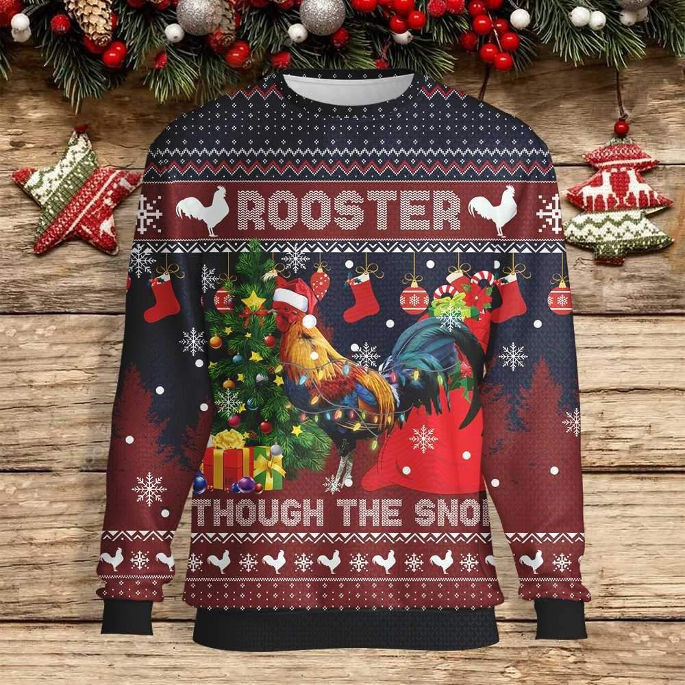 Rooster Through The Snow Red Navy Sweater