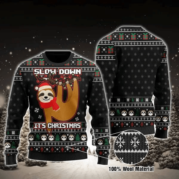 Slow Down But It'S Christmas Sloth Black Sweater