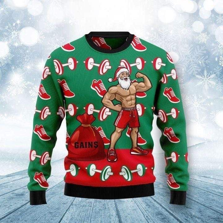 Muscle Santa Claus Workout Gains Red Green Sweater PANWS0036