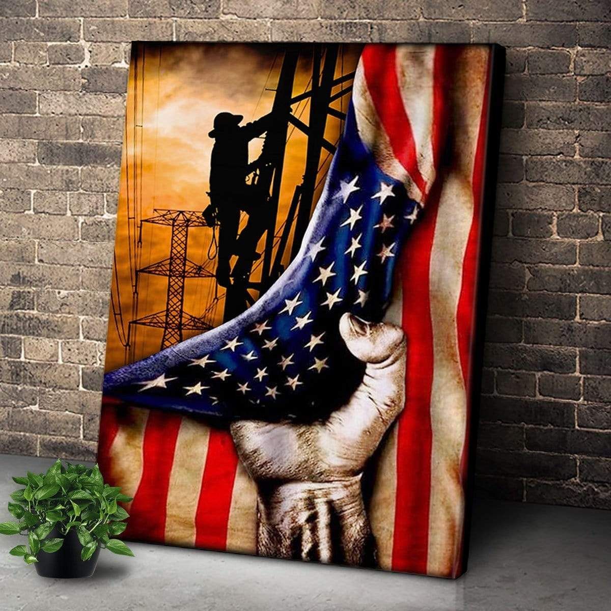 Beautiful Lineman Working In The Sunset Flag Canvas Wall Art PAN