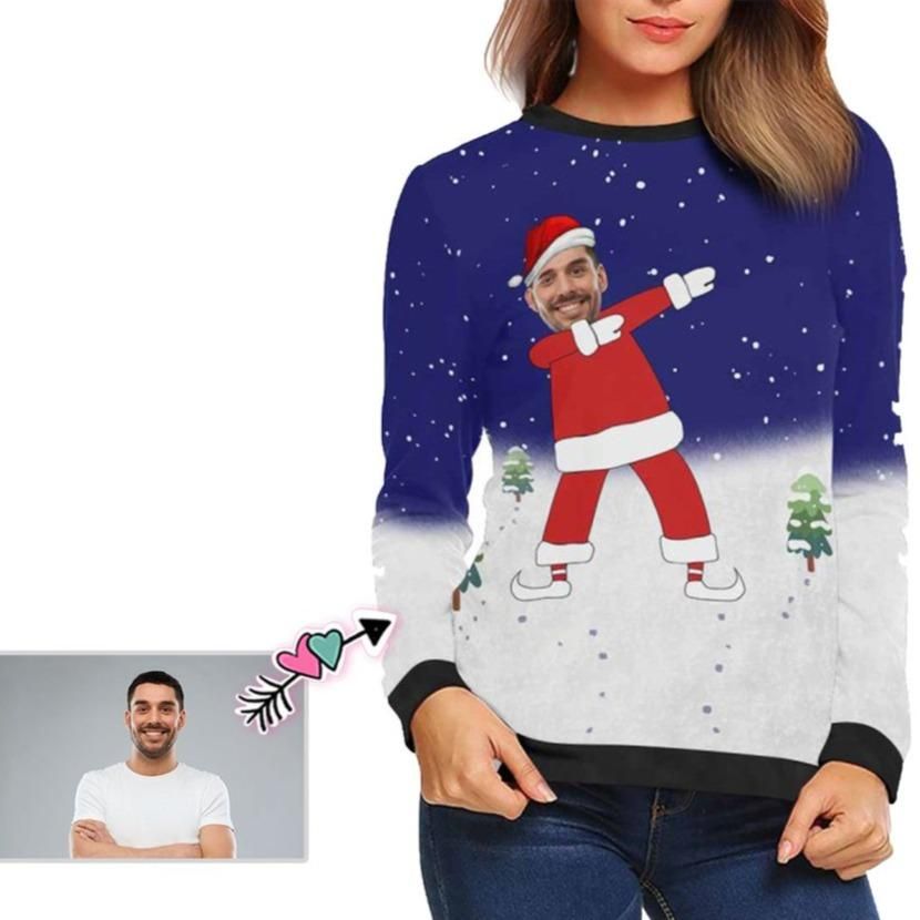 Personalized Christmas Funny Santa Claus Dabbing Custom Photo Unisex Sweater