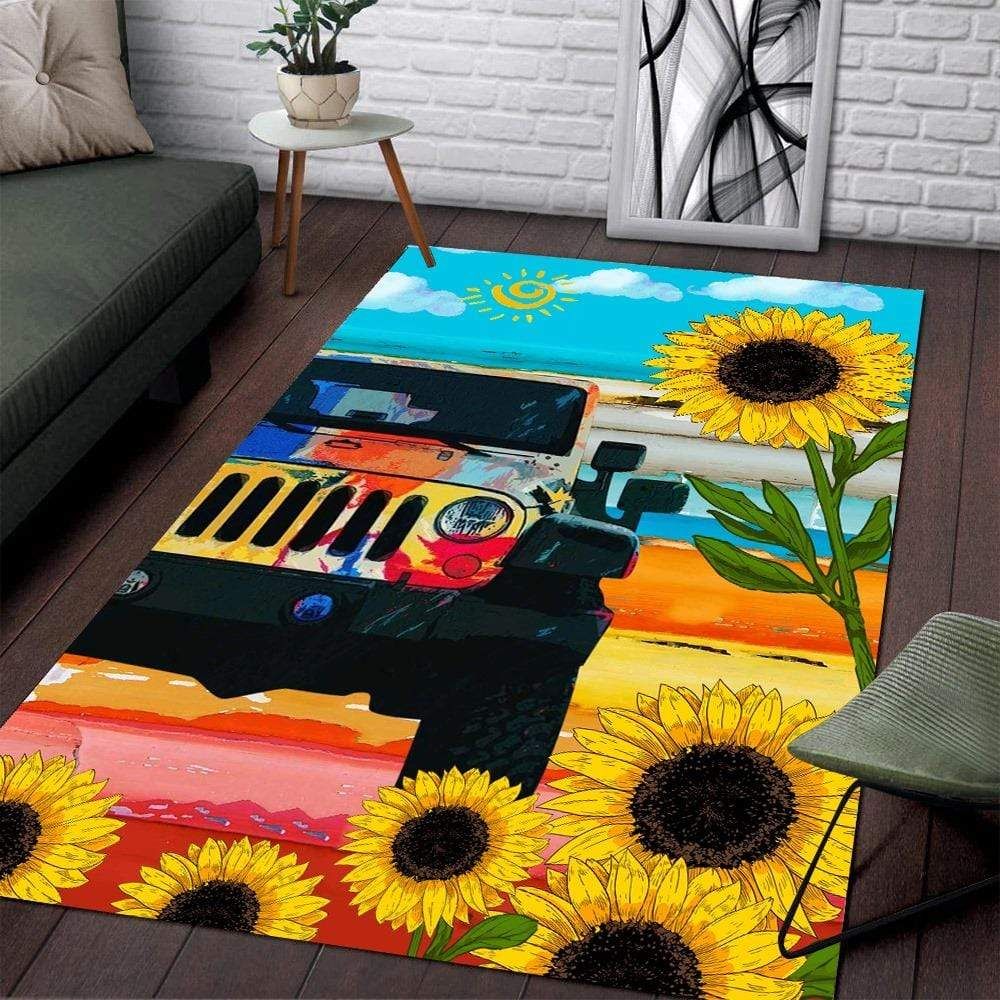 Jeep With Sunflower Rectangle Rug