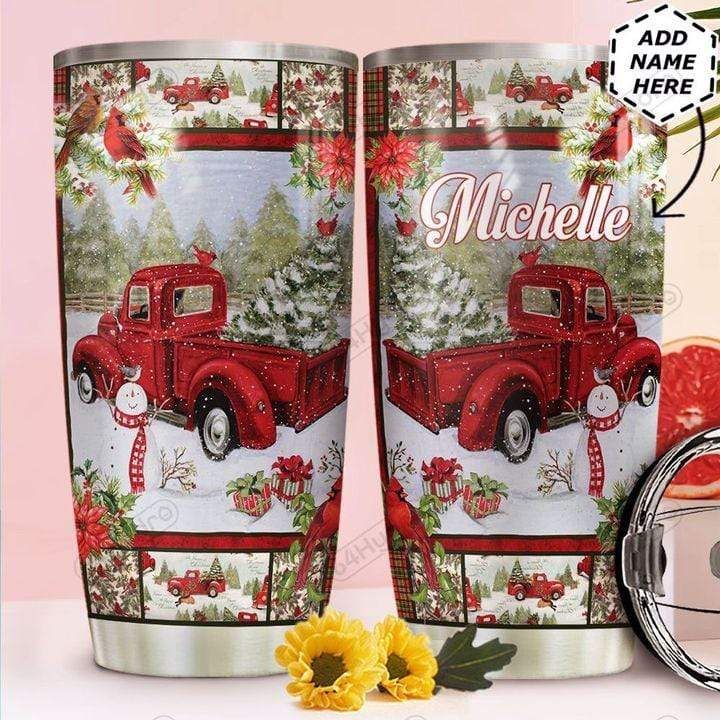 Personalized Cardinal Red Truck Chritsmas Stainless Steel Tumbler With Your Name