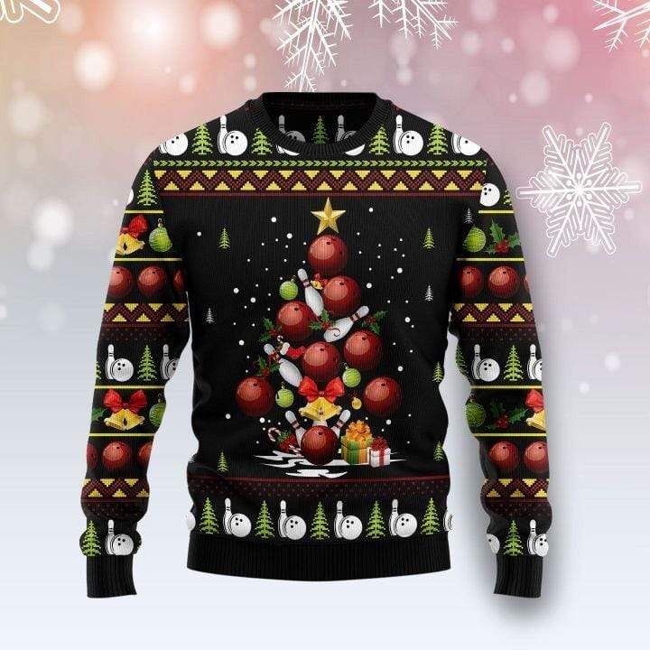 Bowling Christmas Tree Black Christmas Sweater