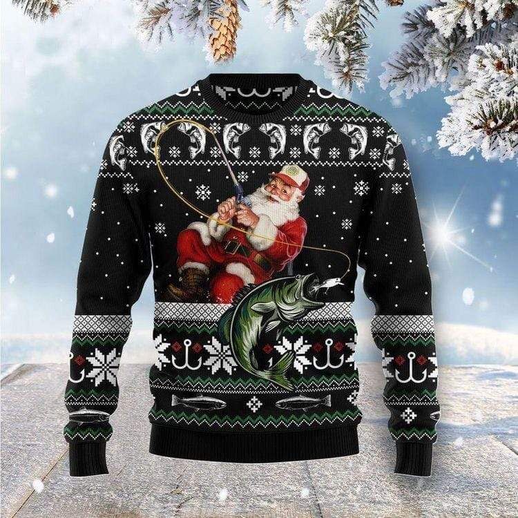 Funny Santa Claus Fishing Black Sweater