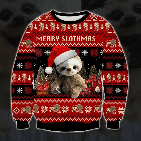 Baby Sloth And Christmas Red Black Sweater