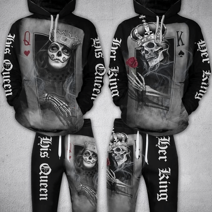 Valentine Day Gifts Couple Hoodie His Queen Her King Skull PAN3DSET0009