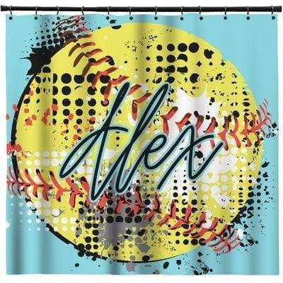 Personalized Custom Softball Ball Pattern Bathroom Shower Curtain With Your Name
