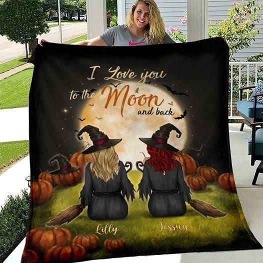 Personalized Witch I Love You To The Moon And Back Halloween For Best Friends Custom Name Fleece Blanket