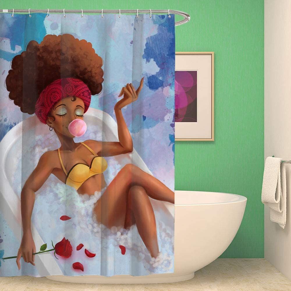 Shower Curtain Sexy Bikini Black Woman Lying On The Bathtub With Pupping Bubble Gun