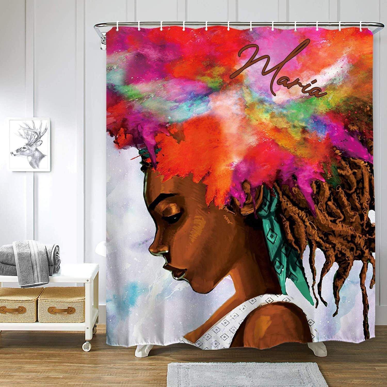 Personalized Black Girl Hair Red Shower Curtain Custom Name