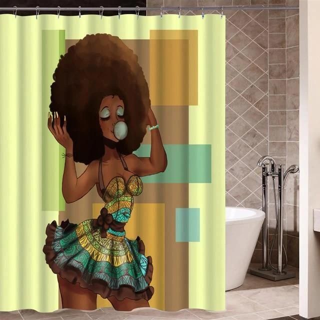 African Dope Bubble Gum Afro Black Girl Green Bathroom Shower Curtain