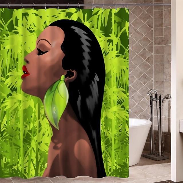 African American Nature Black Woman Green Leaf Bathroom Shower Curtain