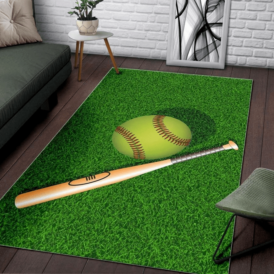 Softball Ball And Bat On Green Grass Rug