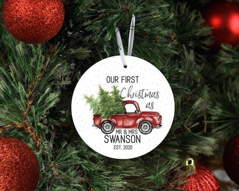Personalized First Christmas Married Gift Mr & Mrs Red Truck And Tree Custom Name, Date