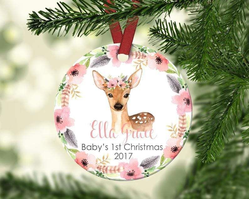 Personalized Baby's First Christmas Ornament Baby Deer Custom Name, Date