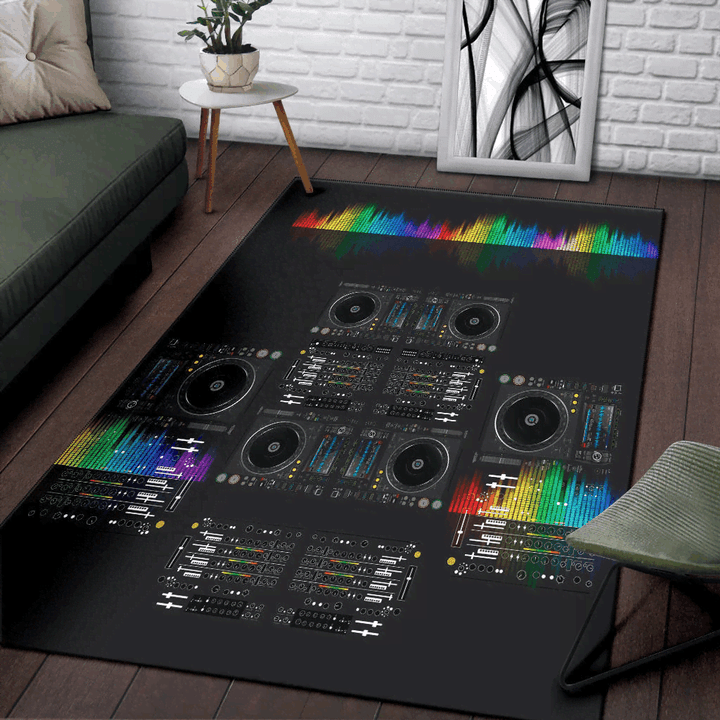 Amazing Dj Mixer Control Rainbow Black Rectangle Rug