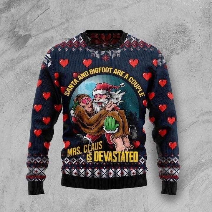 Funny Santa And Bigfoot Are A Couple Navy Christmas Sweater