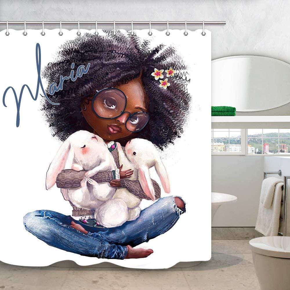 Personalized Black Girl Love Rabbit Hair Red Shower Curtain Custom Name