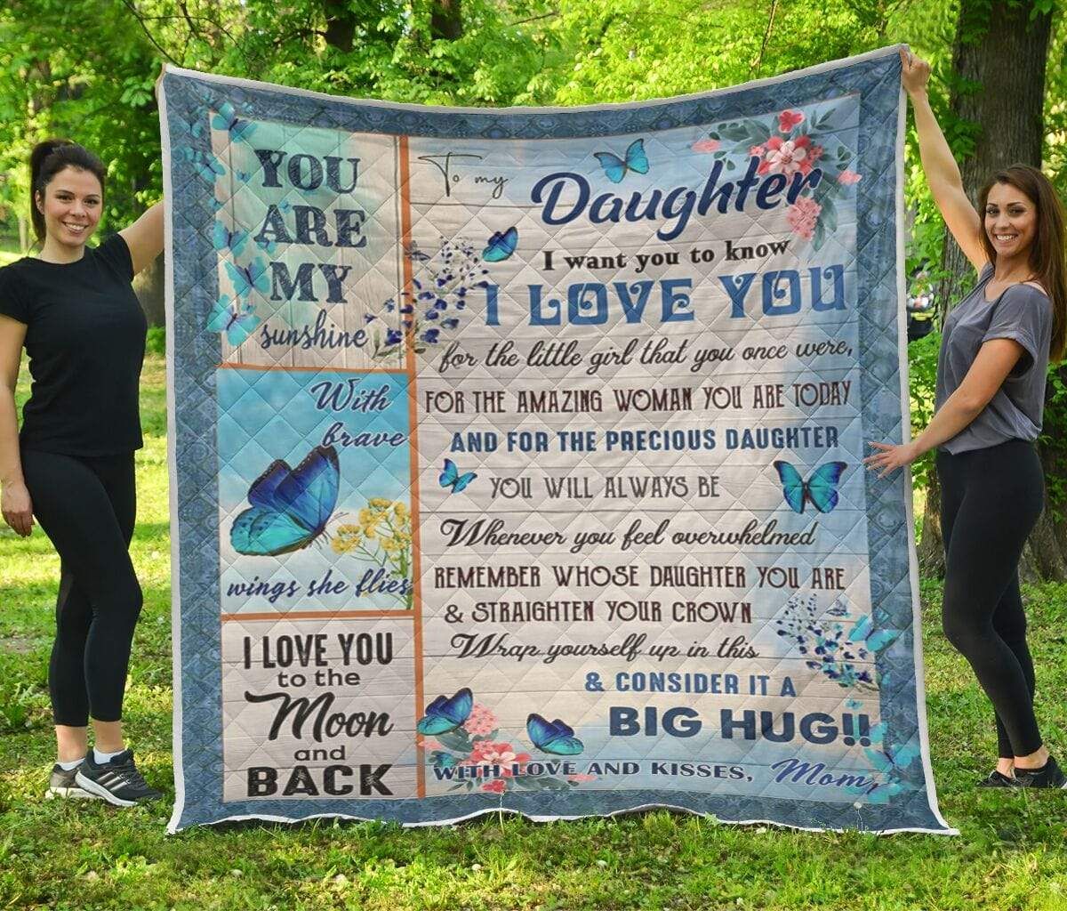 To My Daughter, Your Are My Sunshine Butterfly Blue Custom Name Quilt