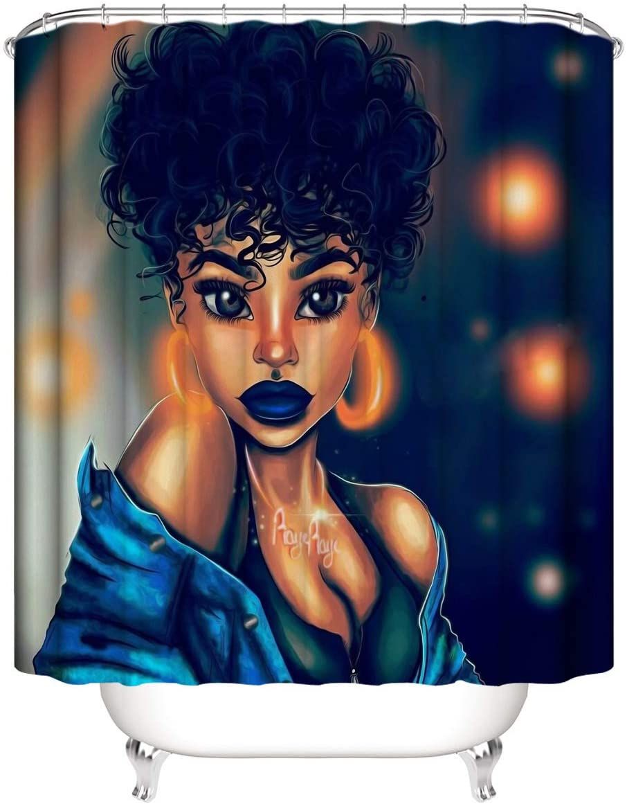 Shower Curtain Black Girl Blue Lips