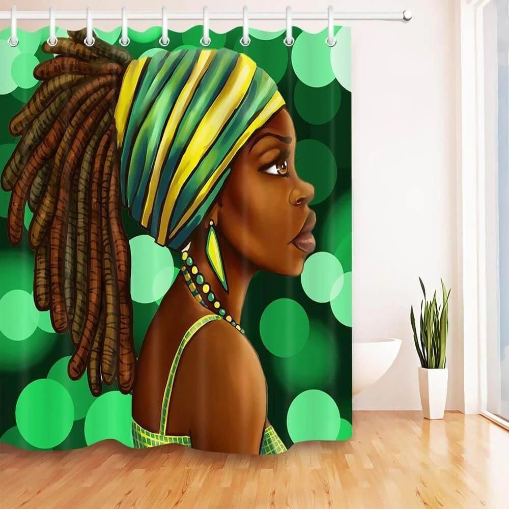 African Jamaican Black Woman Green Bathroom Shower Curtain