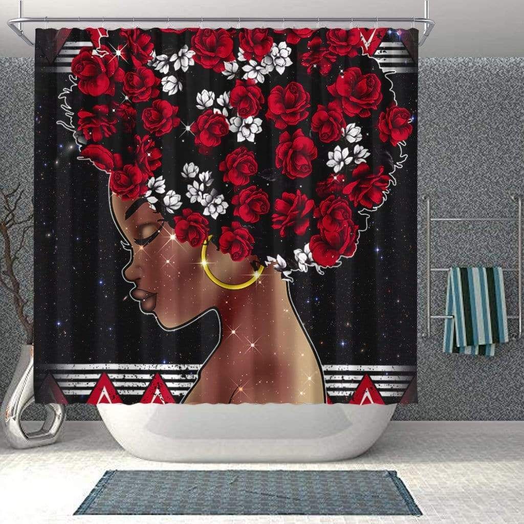 African Rose Afro Black Girl Bathroom Shower Curtain