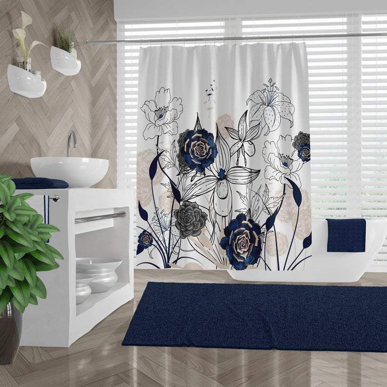 Navy & Gray Succulents And Wildflowers Shower Curtain