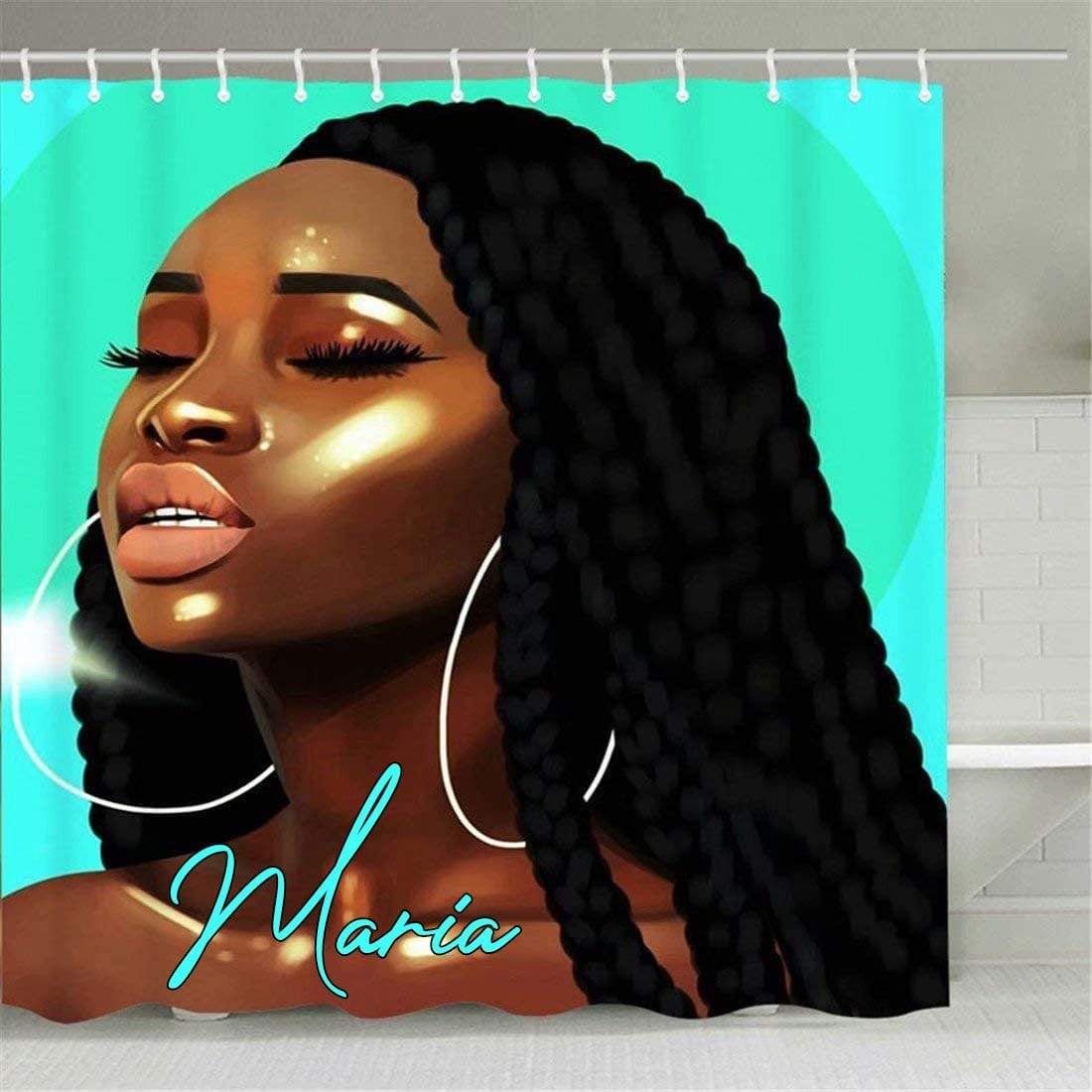 Personalized Black Girl Long Hair Background Shower Curtain Custom Name