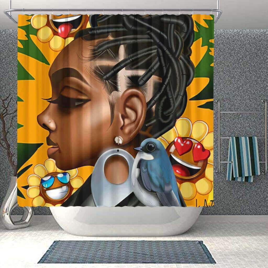African Kid Black Baby Girl Tropical Flowers Tropical Bathroom Shower Curtain