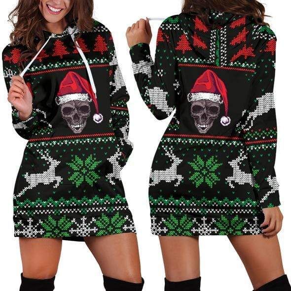 Ugly Christmas Santa Skull Black Hoodie Dress 3D All Over Print