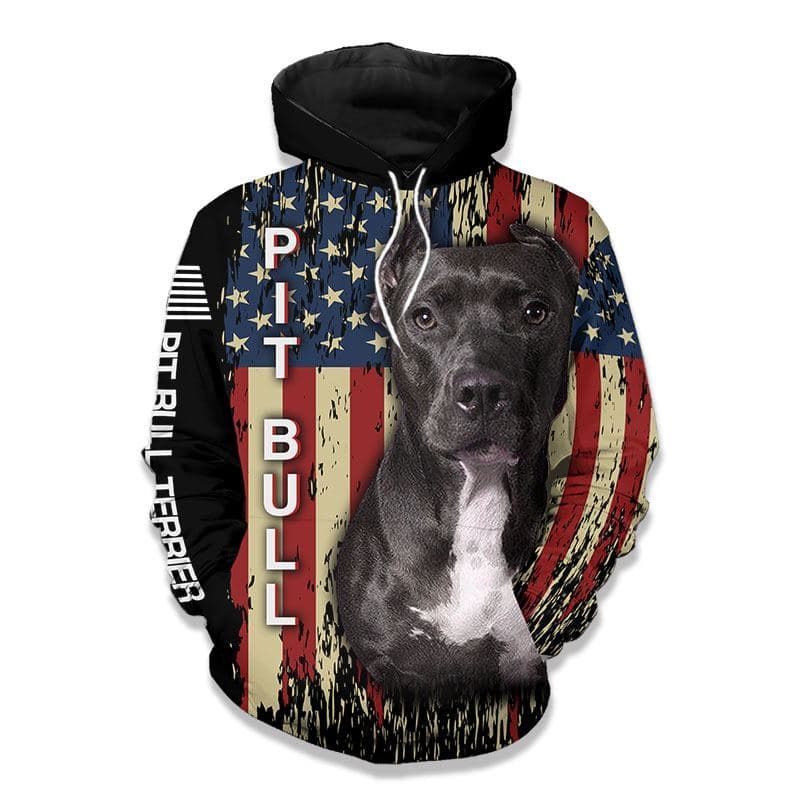Pit Bull Terrier American Flag 3D Over Printed Hoodie Shirt