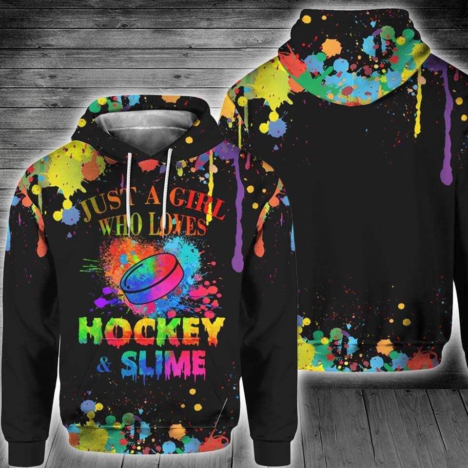 Just A Girl Who Loves Hockey And Slime Black Hoodie 3D All Over Print