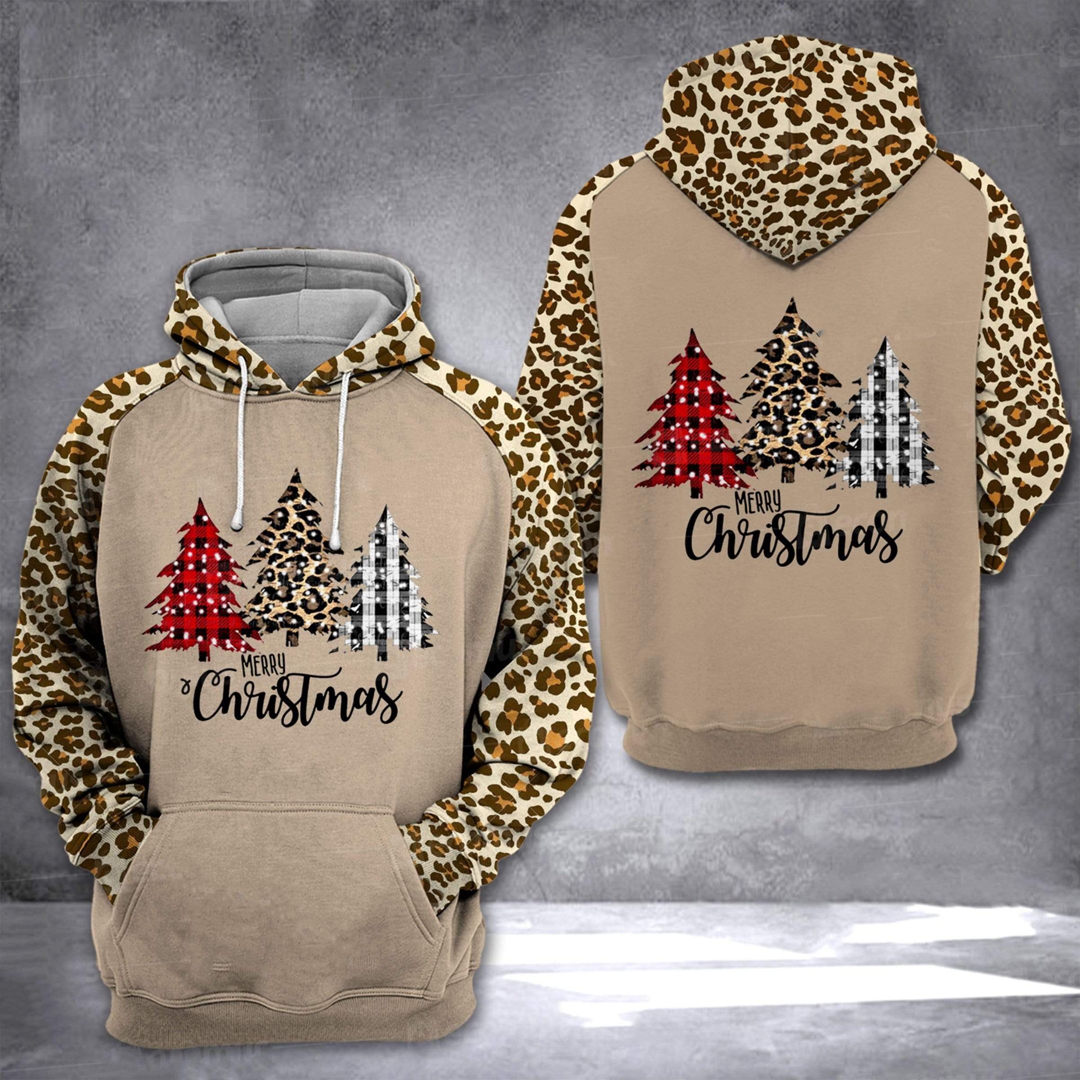 Merry Christmas Three Funky Tree Leopard Hoodie 3D All Over Printed