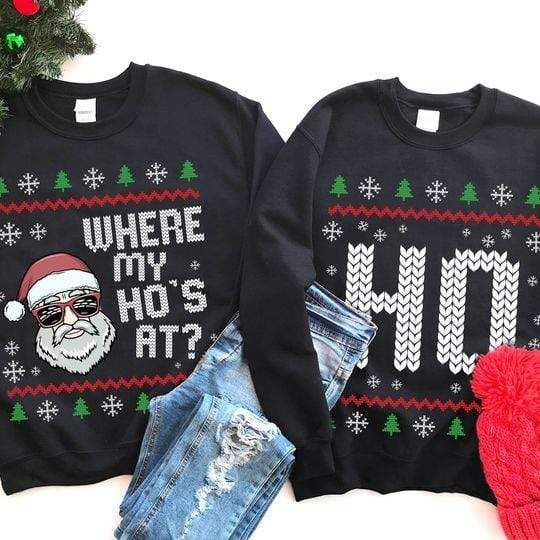 Where My Ho's At? Ugly Christmas Couple Sweatshirt PAN2SWS0011