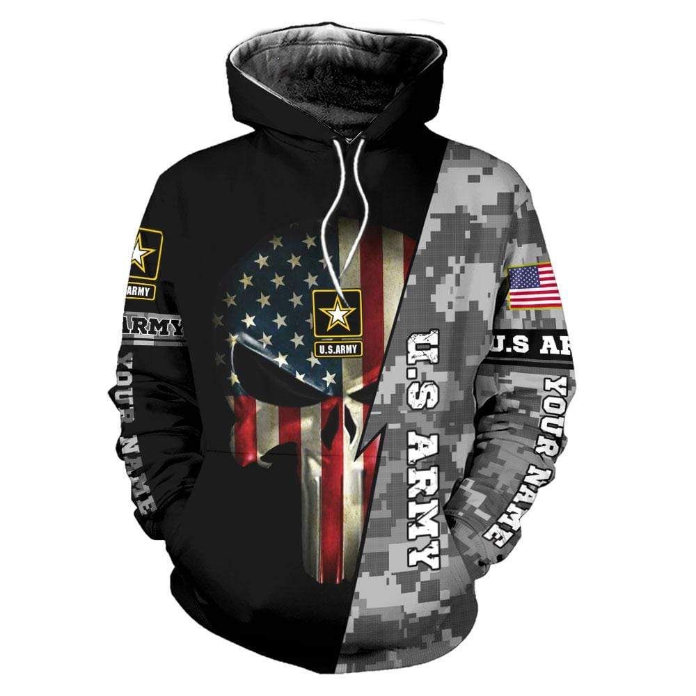 Personalized Custom Name Skull American Flag Us Army Hoodie 3D All Over Print PAN
