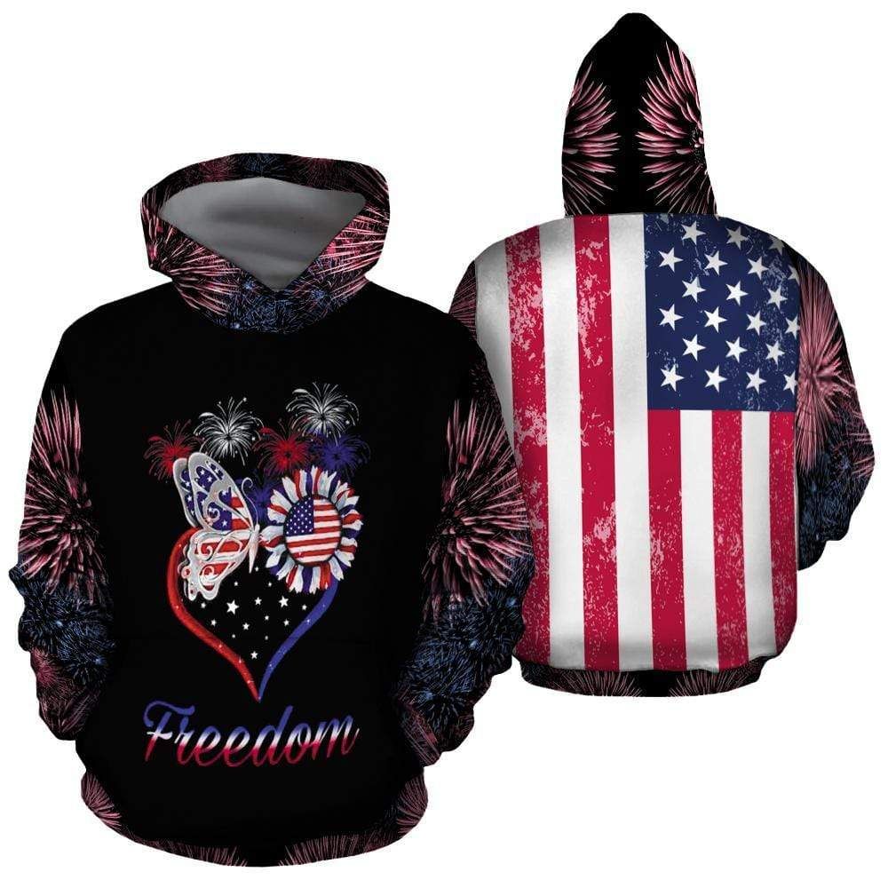Butterfly Sunflower Heart Retro American Flag Hoodie 3D All Over Print