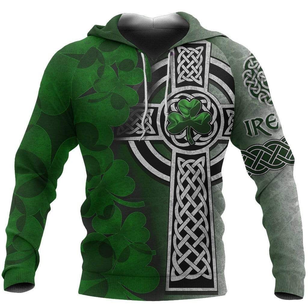 Green Saint Patrick's Day Shirts Celtic Cross Hoodie 3D All Over Print