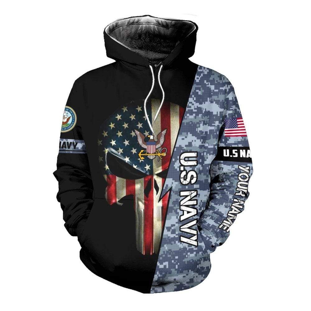 Personalized Us Navy Army American Flag Skull Blue Custom Name Hoodie 3D All Over Print