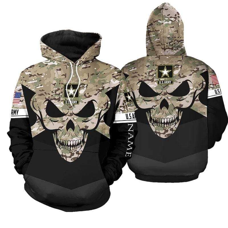 Personalized US Army Veteran Camo Skull Hoodie 3D All Over Print