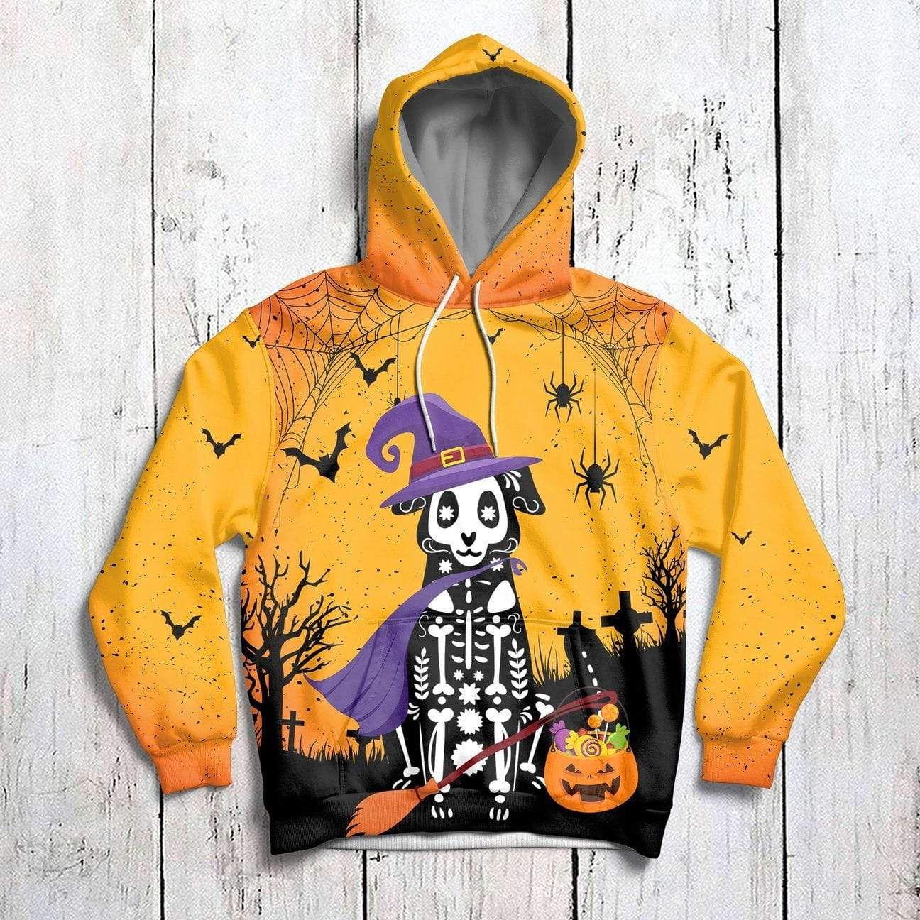 Halloween Skeleton Witch Cat Hoodie 3D All Over Print