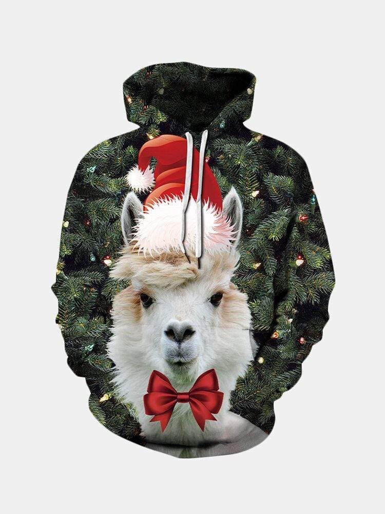 Llama Wears Santa Hat Christmas Tree Pattern Hoodie 3D All Over Print