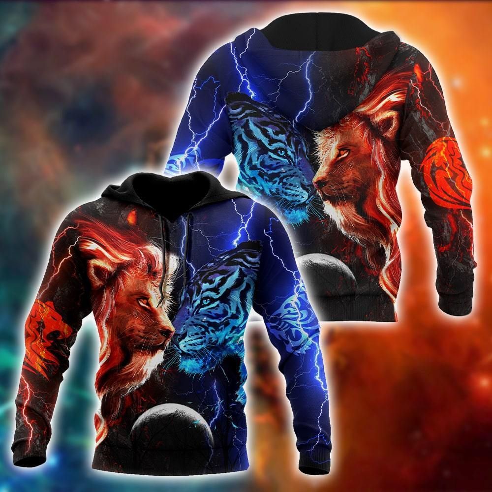 Tiger Vs Lion Galaxy Thunder Hoodie 3D All Over Print