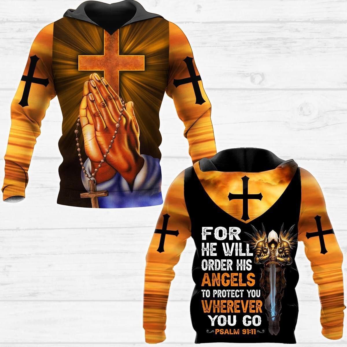 Jesus Hands Bless Us For He Will Order His Angels Hoodie 3D All Over Print